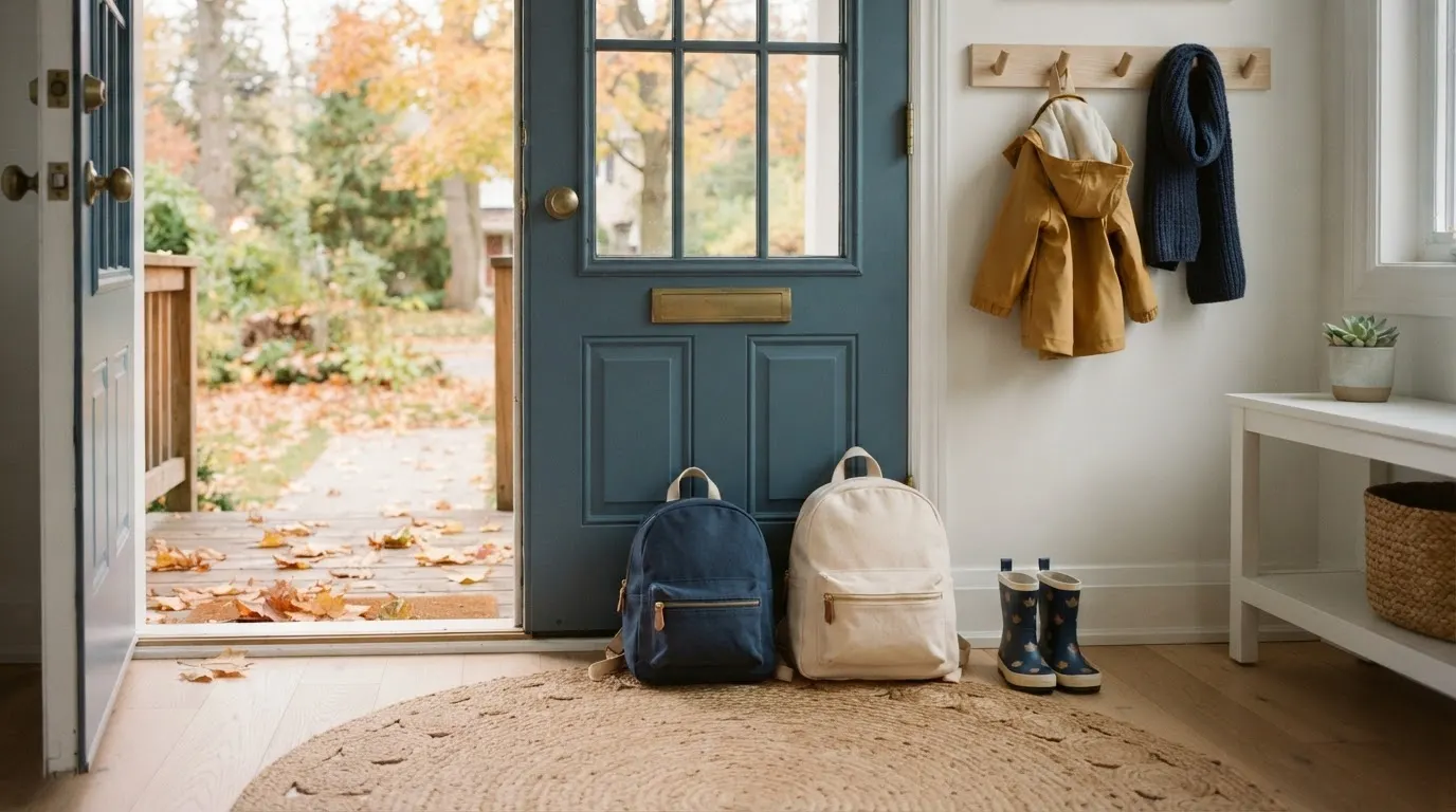Two children's backpacks by a front door