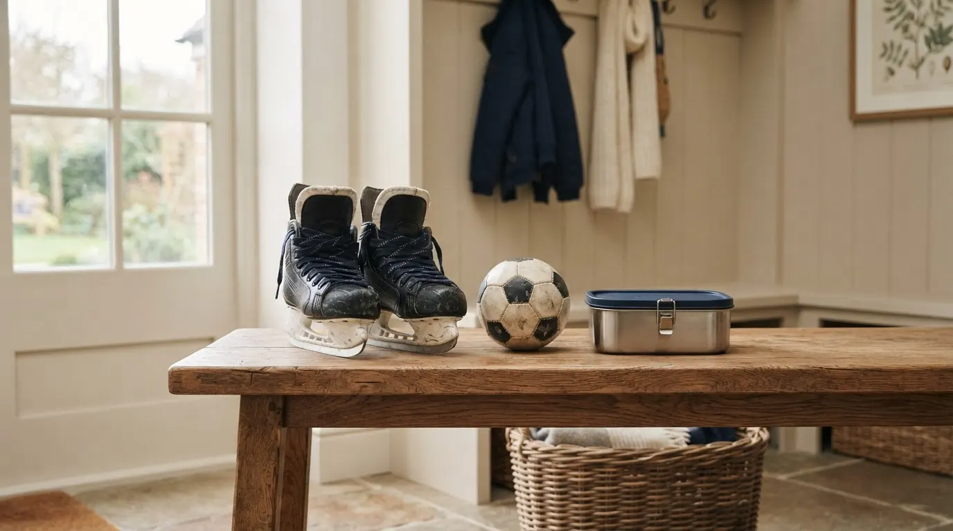 Hockey skates and a soccer ball on a bench